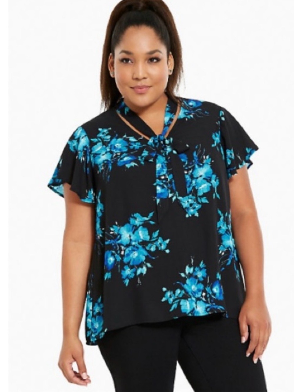 TORRID | Black and Blue Floral Print Georgette Tie Neck Top Blouse Sz 3 or a 3X